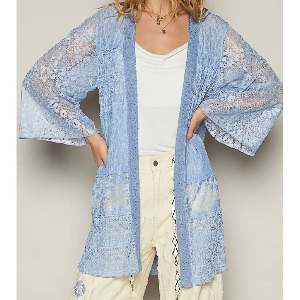 904. POL - Long Sleeve Solid Floral Lace Open Cardigan - Evening Blue